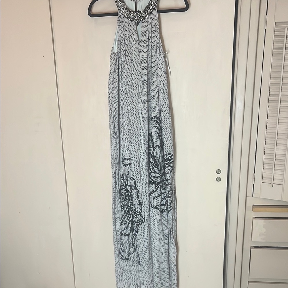 Ranna Gill Elegant Black and Cream Maxi Dress w/ embroidered large floral SZ XS
